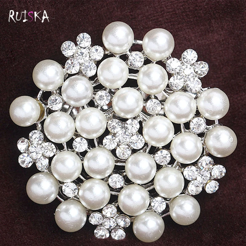 Elegant Rhinestone Imitation Pearl Wedding Brooches Pins Silver Plated Full Pearl Flower Brooch