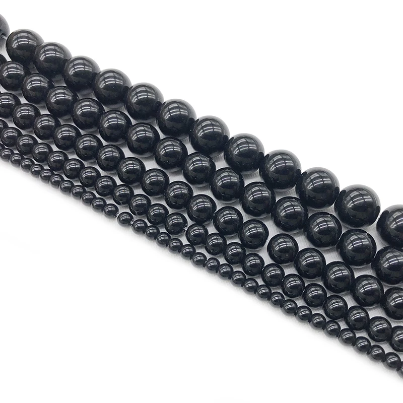Natural Stone Beads Smooth Black Agates for Jewelry Making Diy Bracelet Necklace 15inches Round Onyx Loose Beads 4 6 8 10 12mm