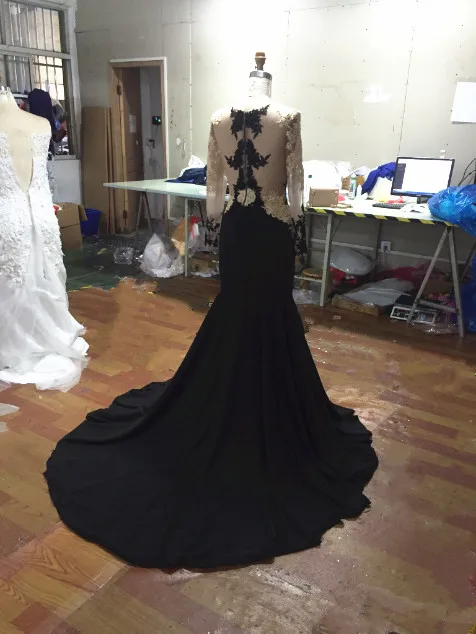 Черные вечерние платья, кружевное платье Русалка для выпускного вечера с рукавами, вечерние длинные платья для вечеринки, атласное платье Vestido Festa
