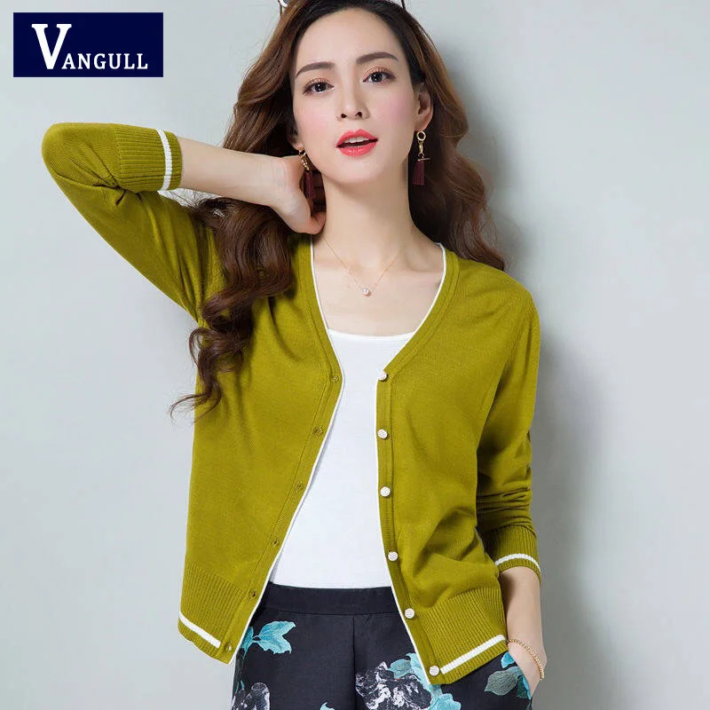 Vangull Women Air-conditioning Shirt Elegant Thin Sweater Short Paragraph Cardigan Sunscreen Jacket Color Block Female Sweaters
