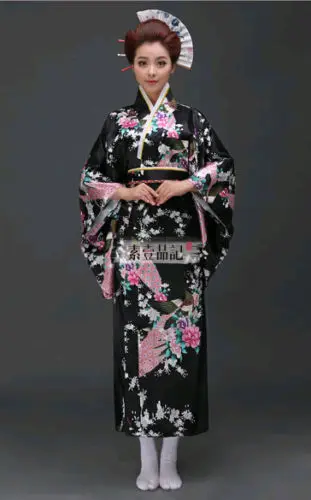 @ Retro Traditional Japanese Yukata Cosplay Peacock Kimono Robe Geisha Dress/Obi 