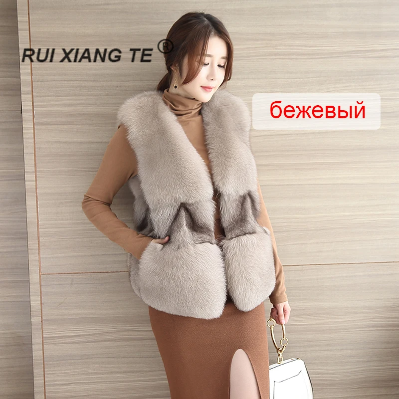 

FREE SHIPPING RuiXiangTe women real fox fur shorter vest length 55cm luxury ladies fox vest warm winter outerwear new fashion