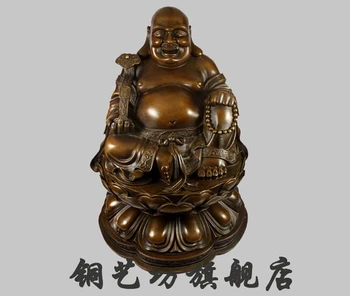 

zm 19" China Bronze Buddhism Happy Maitreya Buddha Sit Hand Hold Ruyi Statue