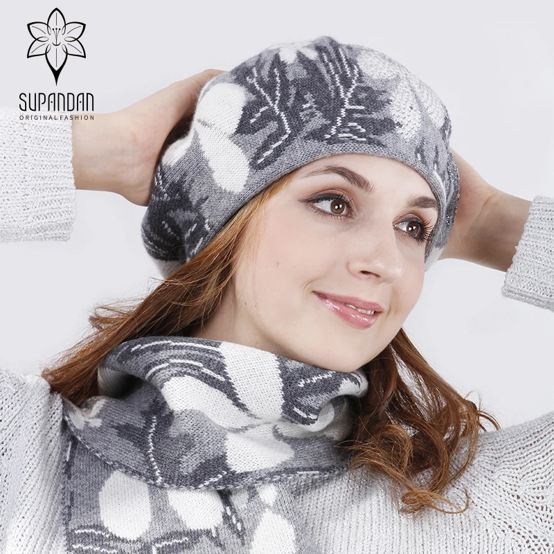 Supandan Original Winter Beret Wool Hat And Scarf Set Female Caps Thick