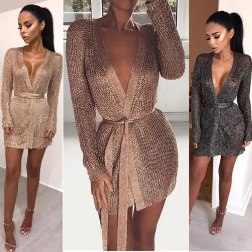 

2018 Summer Sexy Women Dress Long Sleeves Hollow Out Dress Ladies V -Neck Lace -Up Women Dress