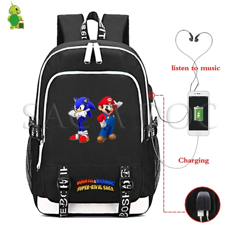 

Cartoon Sonic Mario USB Charging Backpack Multifunction Laptop Backpack Teenagers Boys Girls School Bags Casual Travel Rucksack