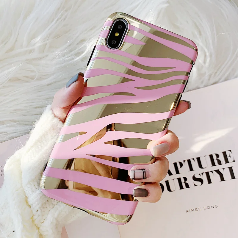 

Luxury Pink Zebra Skin Phone Case For iPhone 6 6S 7 8 Plus Shiny Plating TPU Case for iPhone XS XR XS Max Soft Back Cover Coque