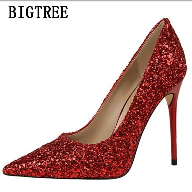 

BIGTREE Sexy Women Silver Bling Wedding Shoes Pointed Toe Pumps Party Shoes For Women Valentine Shoes