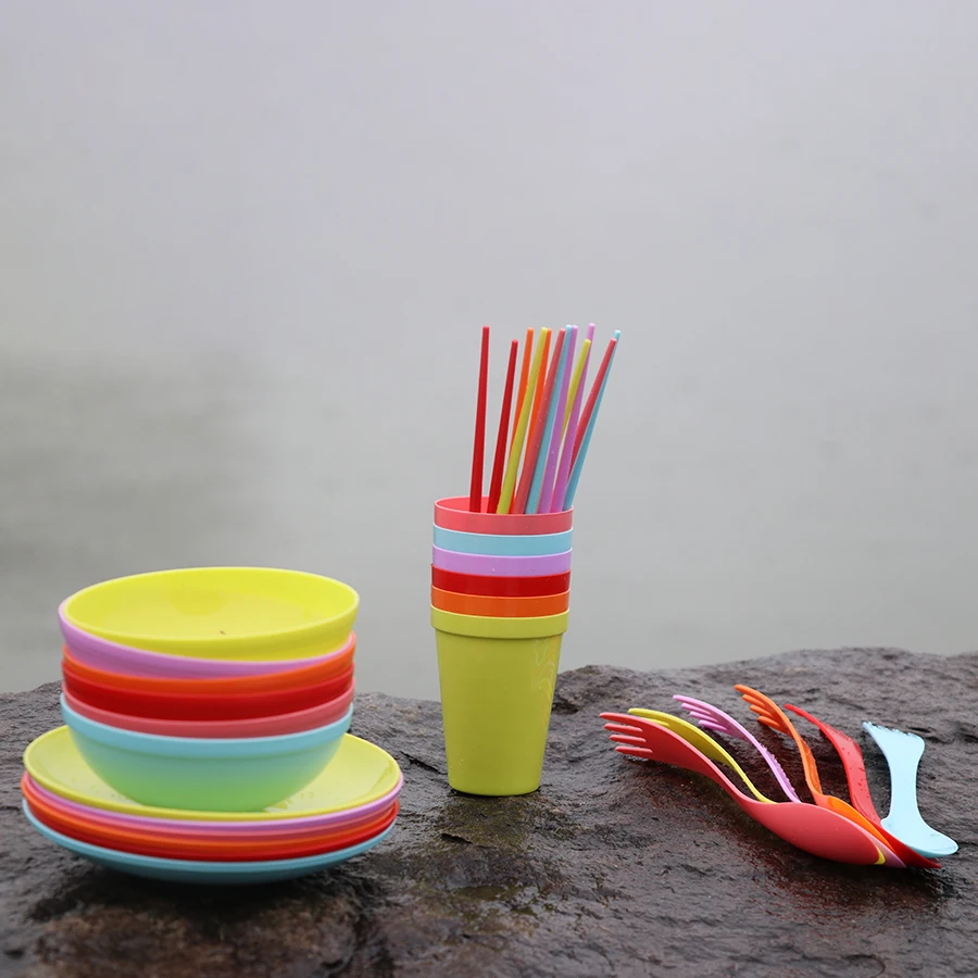 6 unids/set acampar al aire libre juego de vajilla de plástico no tóxico barbacoa vajilla conjunto placa/tazón de fuente/Copa cuchara de vajilla conjunto Kit de viaje