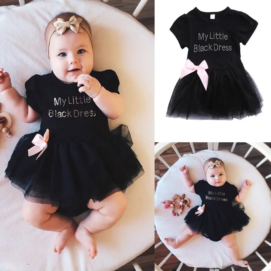 

Summer Cute Baby Girls Infant Toddler Letter Short Sleeve Bowknot Black Bodysuit Mesh Dress Tutu Tulle Princess Party Dresses
