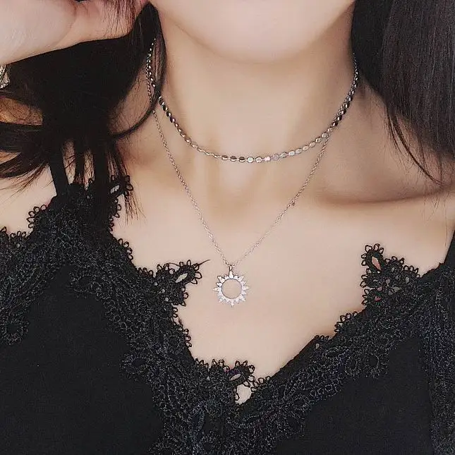 

MENGJIQIAO 2018 New Korean Simple Double Layer Choker Necklace Women Fashion Shiny Rhinestone Sun Necklaces & Pendants Gift