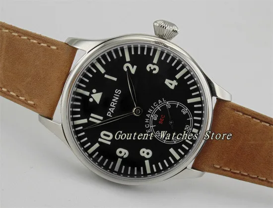 

44mm Parnis Black Dial Blue Luminous Mechanical Hand Winding 6498 Men's Watch