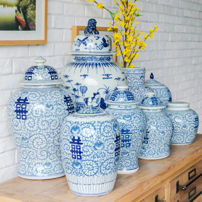 Цзиндэчжэнь старый голубой и белый имбирный кувшин китайский храмовый кувшин антикварный кабинет Свадебные украшения фарфоровый керамический кувшин, ваза