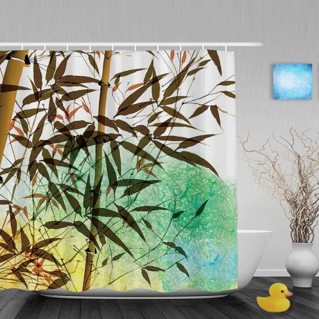 Aquarelle Art Peinture Douche Cutains Mignon Vert Bambou Décor Salle