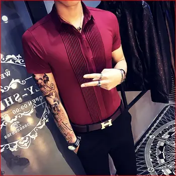 

2018 new large size tide male wedding groomsman short sleeve barber shop shirt overalls nightclub KTV master shirt