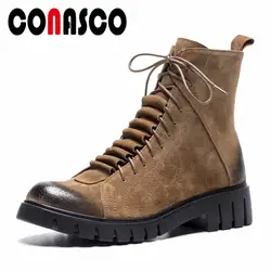 CONASCO/женские короткие ботильоны в стиле ретро, осенне-зимняя обувь martin с круглым носком, женские мотоциклетные ботинки на высоком каблуке с