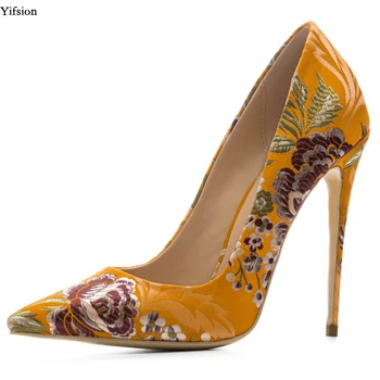 

Olomm New Women Flower Pumps Sexy Thin Heels Shoes Charm Pointed Toe Black Yellow Blue Silver Party Shoes Women US Size 3-13