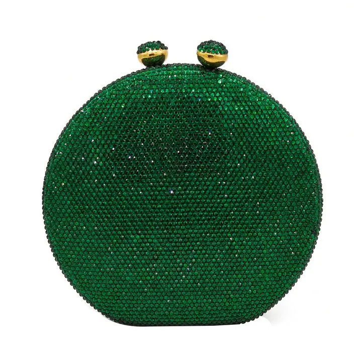 Double Flower Kiss Clasp Round Circular Women Purple Crystal Clutch Evening Handbags Hard Case Wedding Cocktail Diamond Bag - Цвет: Green Evening Bag