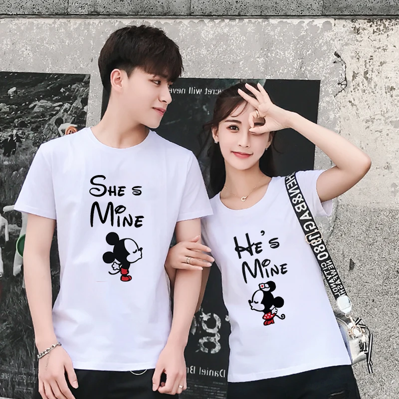 

New Tee Shirt Sweet Couple Print He/She Is Mine T Shirt Unisex Camisetas Verano Tops Kawaii Mickey Minnie Matching Streetwear