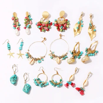 

KOMi Boho Large Hoop Earrings Big Sea Shell Geometric Turquoises Malachite Stone Coral Circle Dangle Earrings серьги C20314