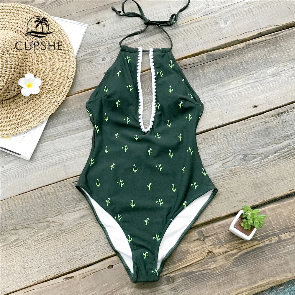 

CUPSHE Green Cactus Print Halter One-Piece Swimsuit Women Crochet Cutout Beach Bathing Suit Monokini 2019 Girl Sexy Swimwear