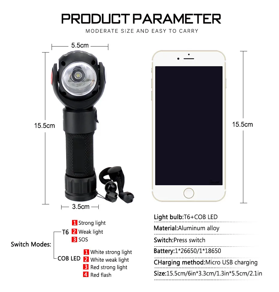 Светодиодный T6 + удара фонарик 7 режимов 18650 Батарея USB Перезаряжаемый светодиодный фонарик свет работы Водонепроницаемый с магнитом 360