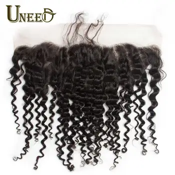 

Uneed Deep Wave Lace Frontal Closure With Baby Hair Malaysian Remy Human Hair Frontal Ear To Ear 13x4 Pre Plucked 10-20inch
