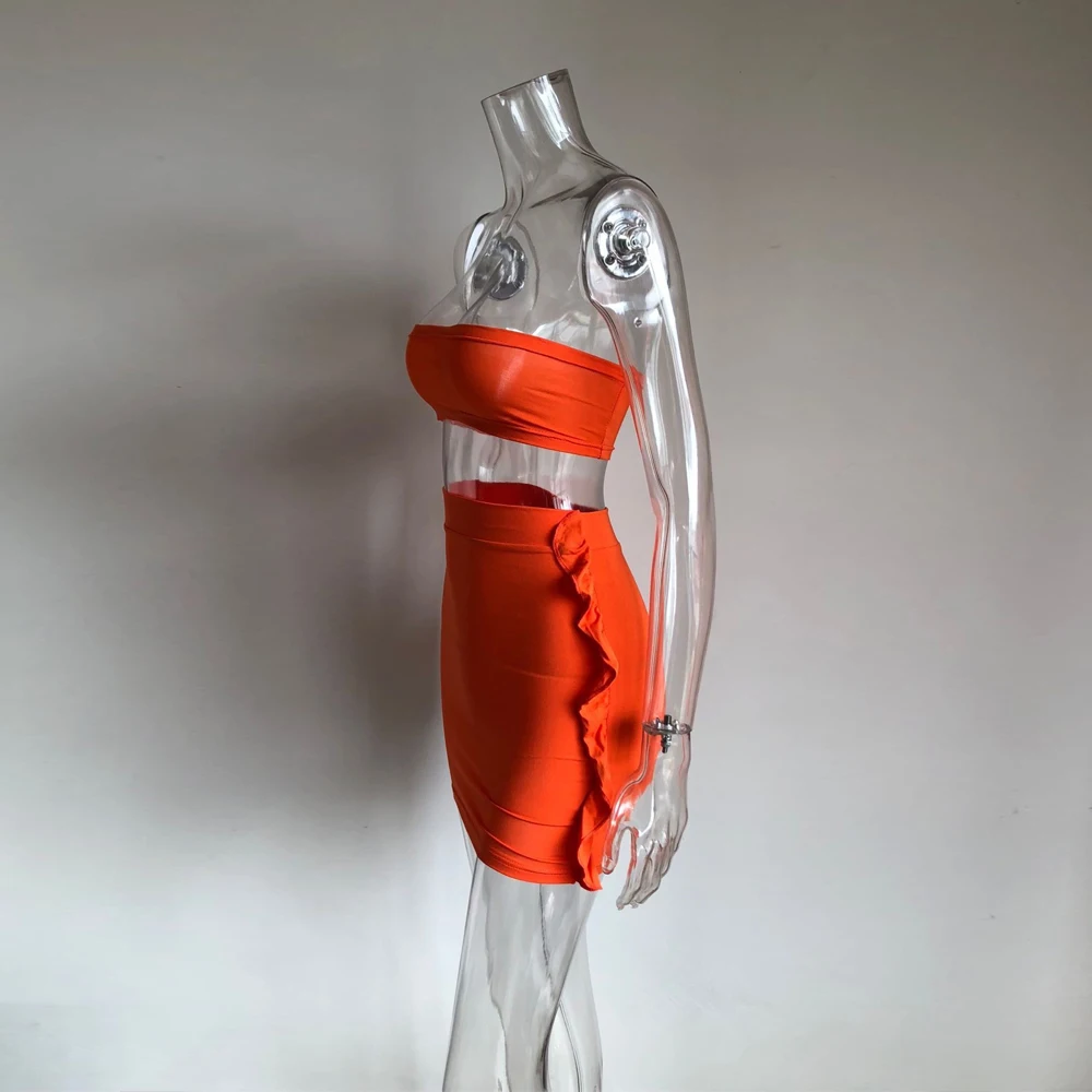 XLLAIS, комплект из хлопковой ткани, оранжевая юбка с оборками, женские облегающие вечерние комплекты одежды для клуба, женская сексуальная одежда без бретелек, бандо, топ, юбка-карандаш, комплекты