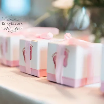 

70PCS Baby Feet Favors Box Baby Shower 1ST Birthday Party Candy Package Ideas Baptism Reception Suplplies with Satin Ribbon
