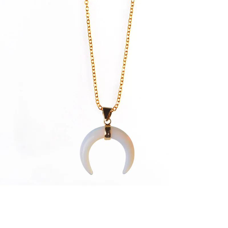 

Charms Fashion Jewelry Crescent Moon Opal Necklace pink Quartz Black Onyx spectrolite lapis lazuli Horn Pendant Necklaces Lol