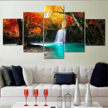 

HD Prints Decoration Room Artworks Waterfall Red Tree Scenery Paintings Wall Art Framework Modular Poster Canvas Modern Pictures
