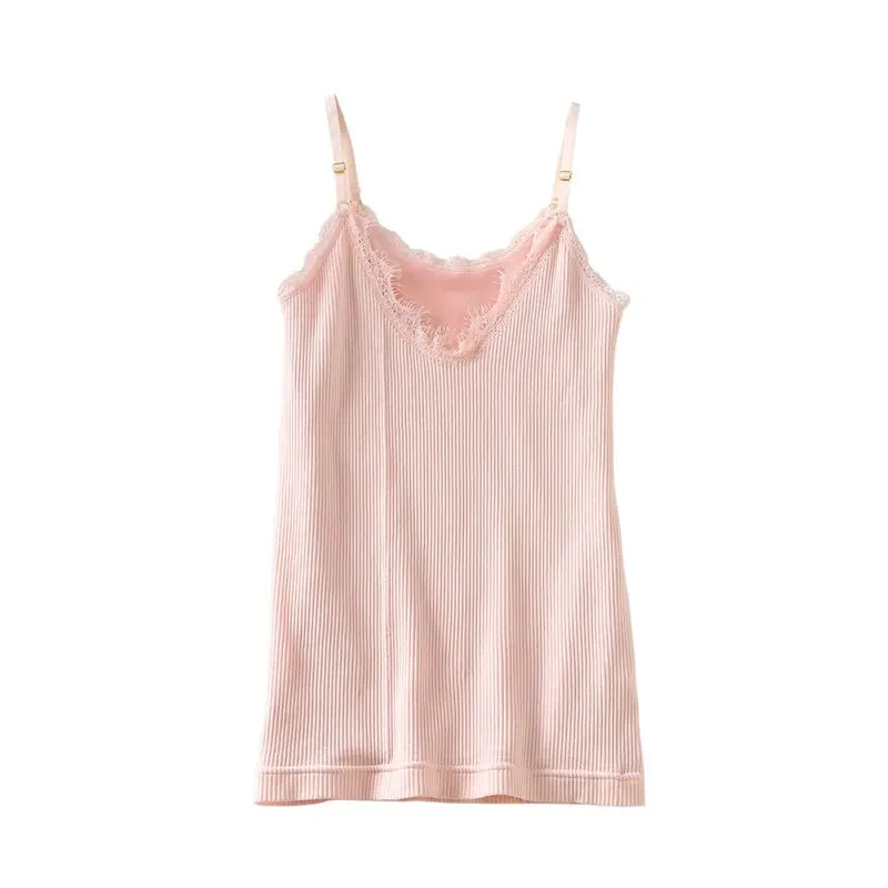 Ladies Elastic Shoulder Straps Seamless Plus Velvet Warm Sling Double Vest Lace Patchwork Knited Camisoles bottoming Tops Female