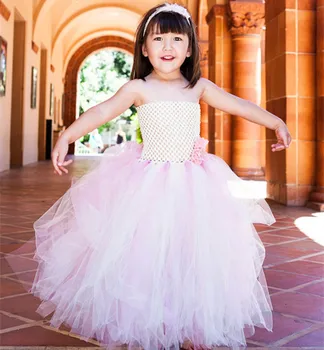 

Lovely Girl's Wedding Dress Kids Crochet Tulle Tutus Long Ball Gown with Flowers Children Party Tutu Dress Kids Corset Dresses