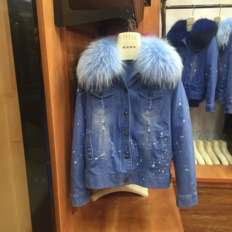 

Gorgeous Women Denim Natural Fur Fox Fur Liner Jacket, Winter Warm Coats With Raccoon Collar, Genuine Fur Lining Parka Mr Furs