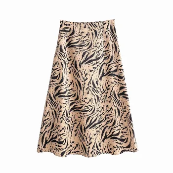 

Women tiger skin print mid calf skirt faldas mujer animal pattern high waist female 2019 casual summer A line skirts