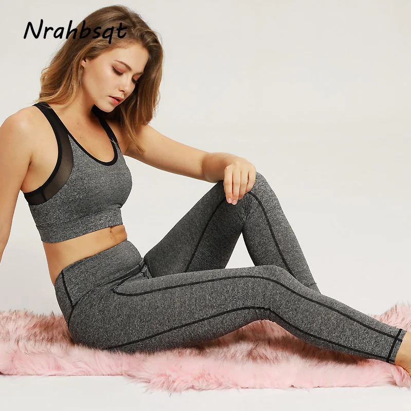 

NRAHBSQT Woman Gym Mesh Top Leggings 2 Piece Sets Womens Outfits Yoga Workout Clothes Sexy Sport Fitness Wear Women YS074