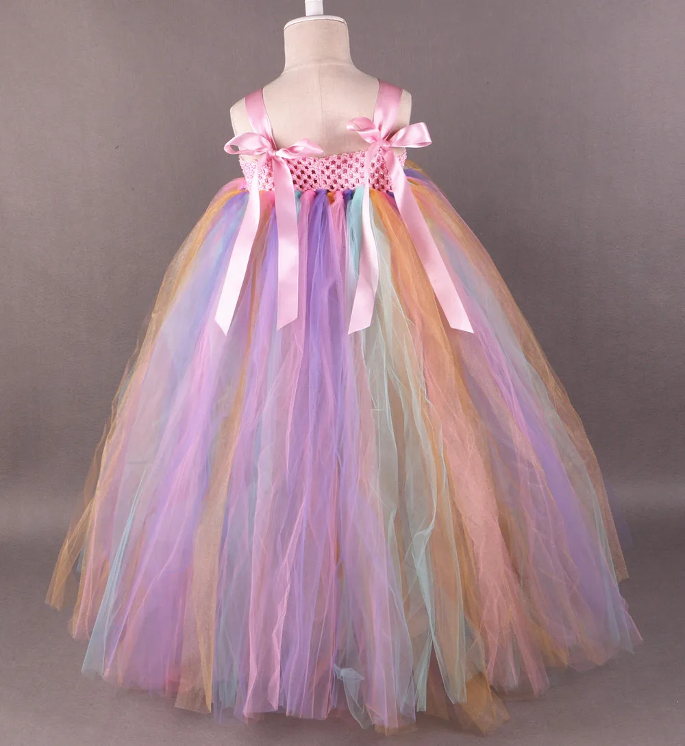 Rainbow Flower Girl Tutu Dress Princess Children Girls Tulle Party Dresses Boutique Kids Girls Pageant Wedding Ball Gown Dress