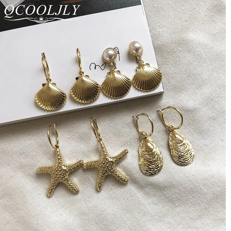 

QCOOLJLY Fashion Bohemian Style Gold Starfish Conch Cowary Shell Big Circle Drop Earrings High Quality Shell Dangle Earring 2019
