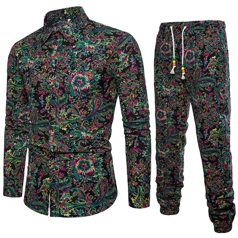 

Comfortable Linen Men Clothing Mature Man Long Pants And Shirt Sets Male Vacation Suits New Arrival Chinese Stle Floral Clothing
