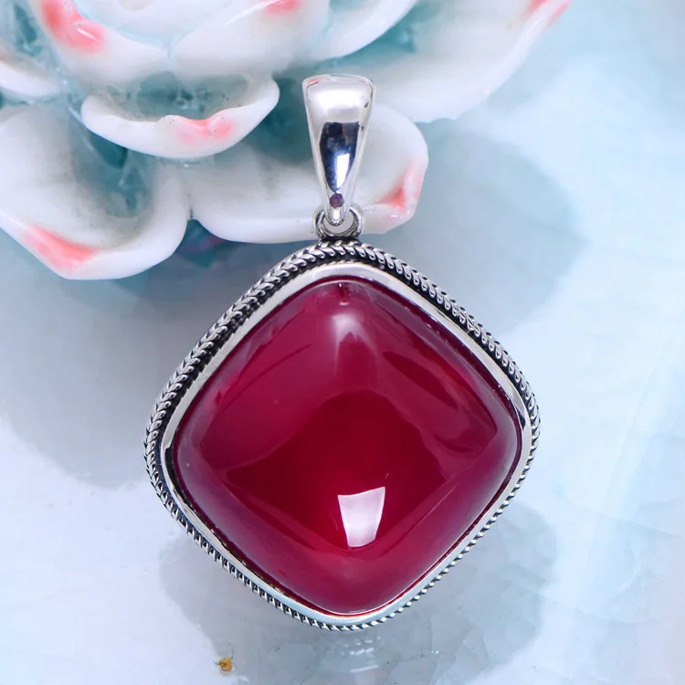 

Real 925 Sterling Silver Red Corundum Square Pendant Women Thai Silver Fine Jewelry Gift Necklace Accessories DIY Kit CH05800