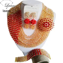 Великолепные Броши красное золото кристалл бисером нигерийские Бусы Ожерелье Африканские свадебные бусы комплект ювелирных изделий CPS4915