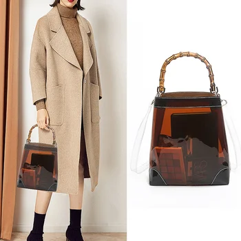 

Wooden Handle Women Handbags Clear Pvc Transparent Jelly Bag Designer Buckets Shoulder Bags Lady Summer Lady Purses 2019 A1-64