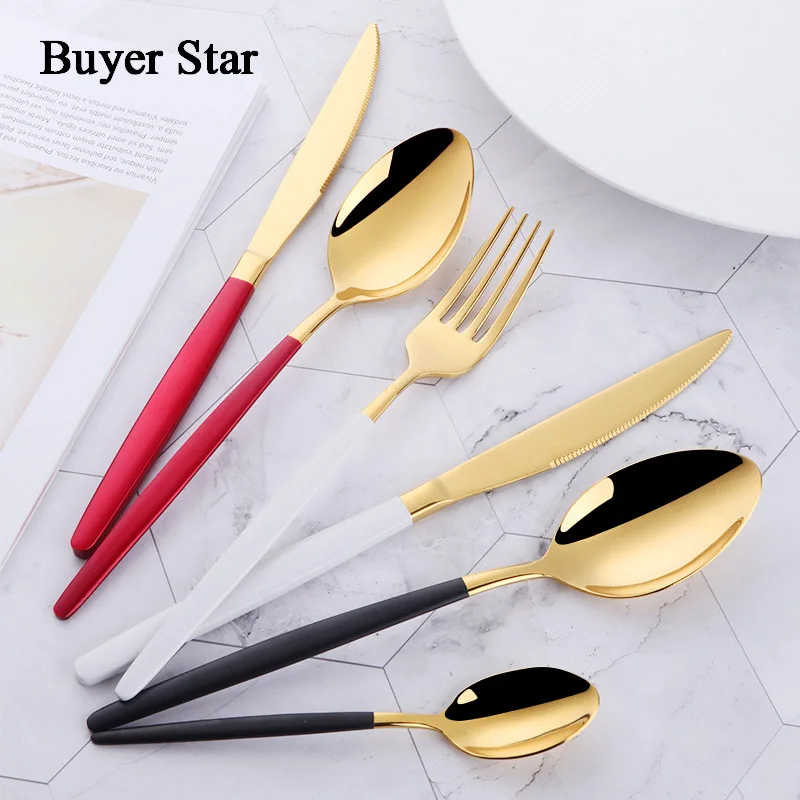 

24pcs Gold Flatware Stainless Steel 304 Tableware Steak Knife Fork Spoon Dinnerware Food Cutlery Set Black White Red Stick
