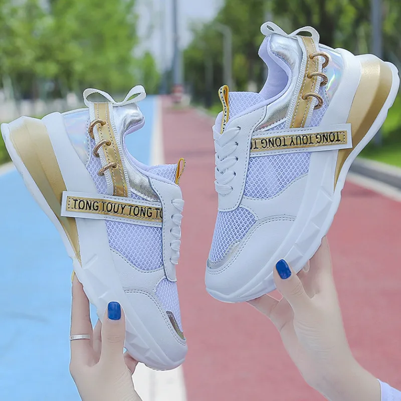 

Spring autumn woman running shoes Fashionable breathable mesh thick bottom women sport shoes Metal decoration casual shoes K2-45