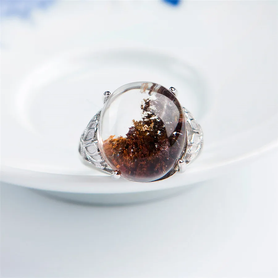 

925 Sterling Silver Fashion Party Rings Adjustable Size Design Natural Genuine Red Phantom Quartz Crystal Rings