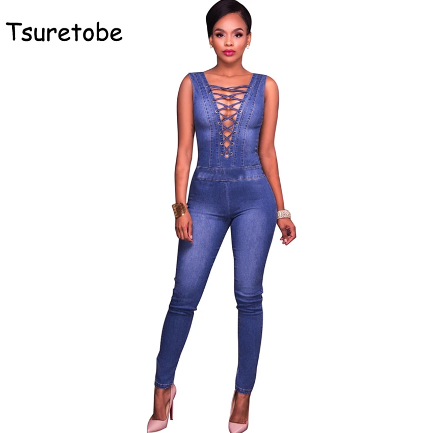 Tsuretobe 2017 Fashion Summer Bandage Bodycon Sexy Denim