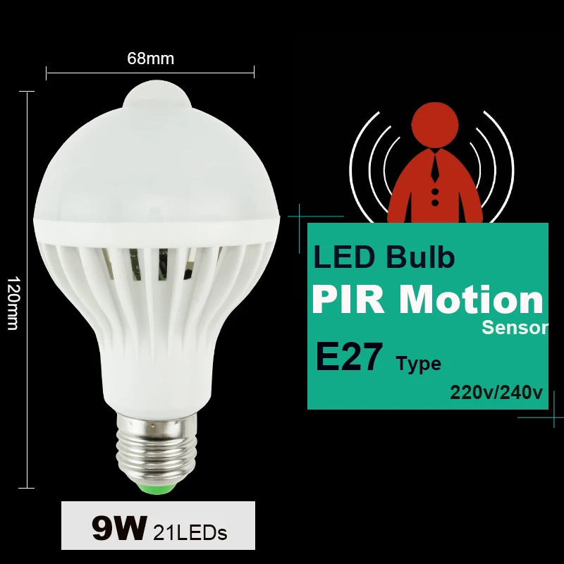 Светодиодный PIR датчик движения лампа 5 Вт 220 В светодиодный светильник 7 Вт 9 Вт 12 Вт автоматический умный светодиодный PIR инфракрасный звук тела+ светильник E27 датчик движения светильник - Испускаемый цвет: 9W PIR Motion bulb