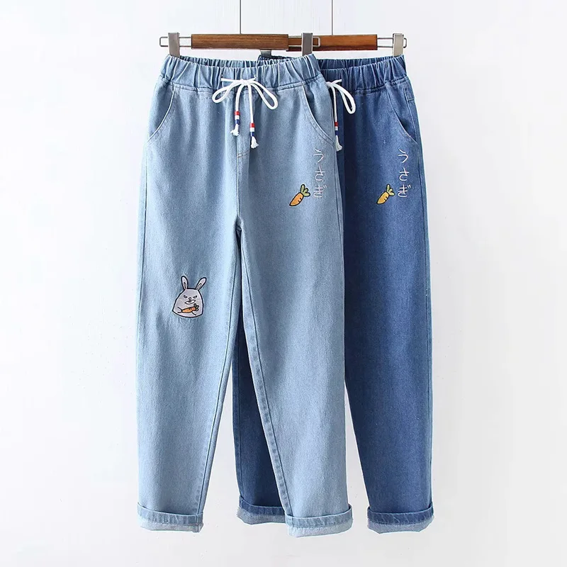 

2019 Plus Size Women Stretch Mid Waist Rabbit radish Embroidery Jeans Floral Holes Denim Pants Trousers Women Jeans Pant