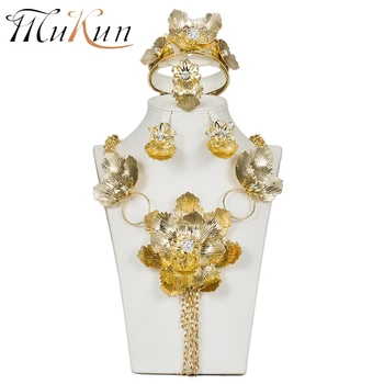 

MUKUN 2018 Flower indian jewelry set necklace earrings ring bracelets women Wedding Nigeria dubai Gold Color bridal jewelry sets