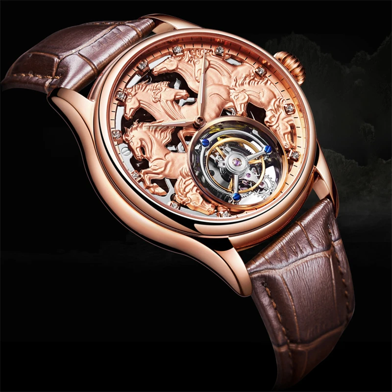 Tourbillon механические часы мужские Лидирующий бренд часы сапфировые зеркальные оригинальные ручные обмотки полый ход Мужские t Horse часы 24K позолоченные